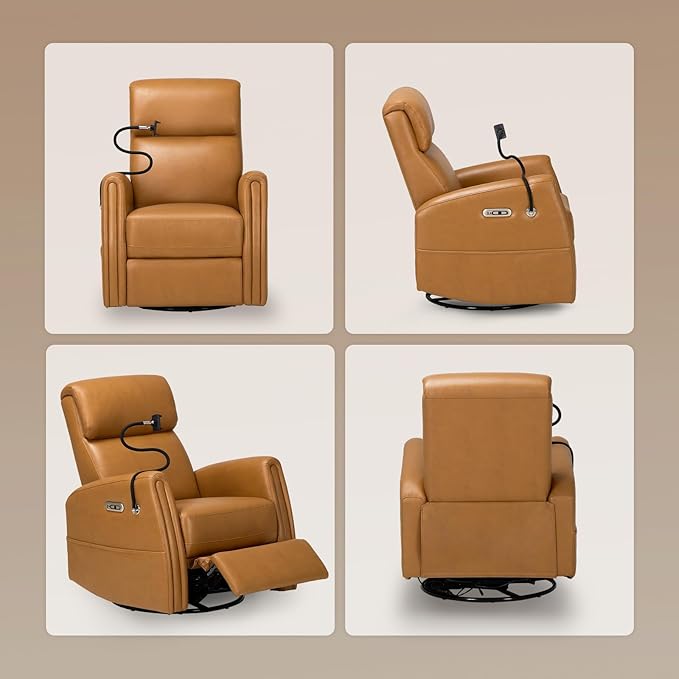 COLAMY Power Recliner Chair Swivel Glider, Faux Leather Rocking Recliner with USB-C & USB-A Charging for Nursery, Living Room or Bedroom, Padded Headrest, Removable Device Stand, Cognac Brown