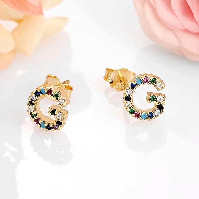 Memorjew Initial Stud Earrings for Women, Hypoallergenic 925 Sterling Silver Post Rainbow Cubic Zirconia Gold Plated 26 Initial Earrings for Women Jewelry Gifts