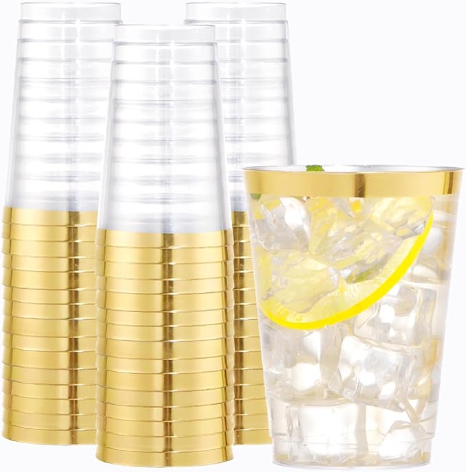 WDF 100 PACK Gold Plastic Cups - 12 OZ Gold Rimmed Disposable Cups for Party, Holiday Gathering, Wedding