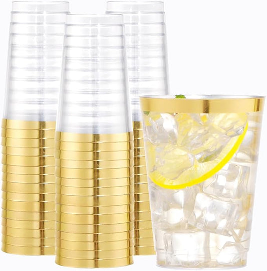 WDF 100 PACK Gold Plastic Cups - 12 OZ Gold Rimmed Disposable Cups for Party, Holiday Gathering, Wedding