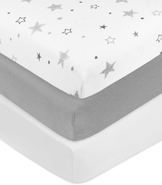 American Baby Company 3 Pack 100% Natural Cotton Fitted Crib Sheets 52" x 28" - Soft, Breathable, Hypoallergenic & Gentle Toddler Bed Sheets, Super Stars/Gray/White, Neutral for Boys & Girls