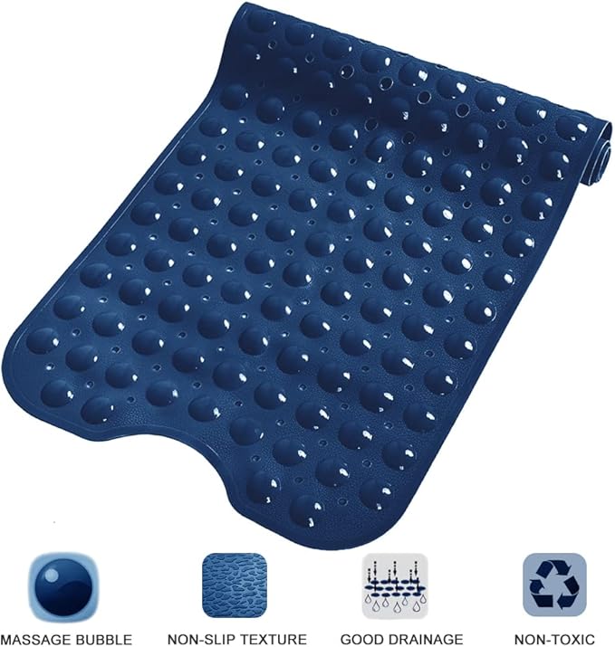 Linoows Bathtub and Shower Mats, Extra Long Non-Slip Bath Tub Mat 39 x 16 Inch, Machine Washable Bathmat with Suction Cups & Drain Holes for Bathroom Floor, Navy Blue