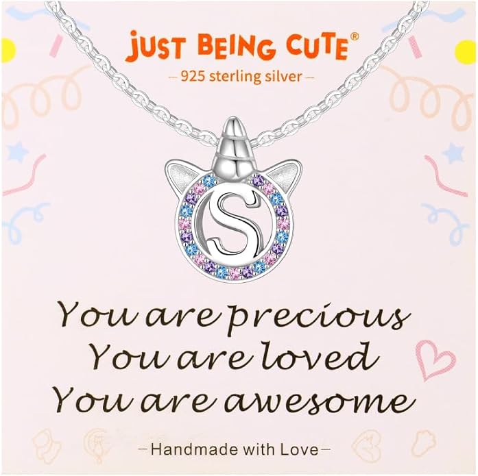 Unicorn Necklace for Girls, Initial Necklaces for Little Girls Kids Children, Hypoallergenic 925 Sterling Silver Kids Jewelry Colorful CZ Unicorn Gifts for Birthday Kindergarten Graduation Wedding