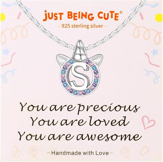 Unicorn Necklace for Girls, Initial Necklaces for Little Girls Kids Children, Hypoallergenic 925 Sterling Silver Kids Jewelry Colorful CZ Unicorn Gifts for Birthday Kindergarten Graduation Wedding