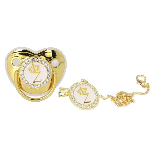 Personalized Golden Letter Baby Pacifier with Bling Design, Clips, Anti-Dust Cover for Newborn Photography, Letter Z