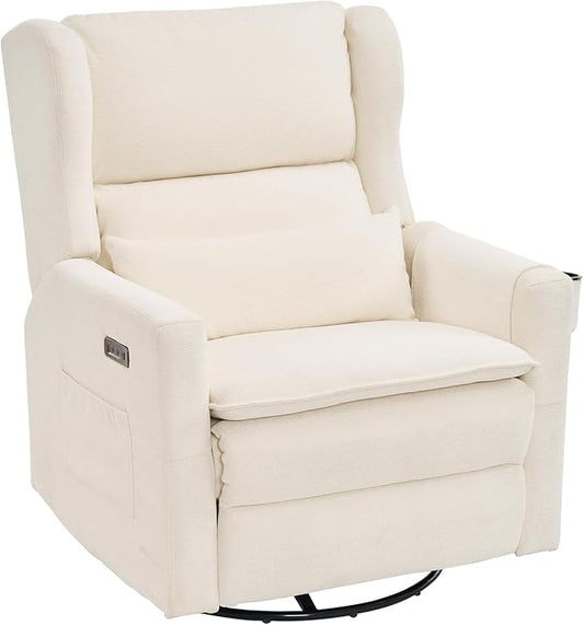 Oversized Swivel Rocker Recliner with Adjustable Headrest, 26" Extra Wide Glider Recliner Nursery Chair with Double Cushion, Chenille Glider Rocking Chair for Living Room,Cup Holder,White