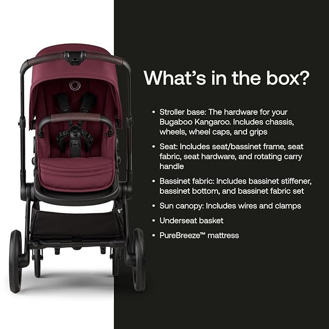 Bugaboo Kangaroo All-Terrain Single-to-Double Tandem Stroller for Infant and Toddler, for Up to Three Kids, XL Wheels, One-Hand Operation, Large Bassinet, XL Underseat Storage (Dark Cherry)