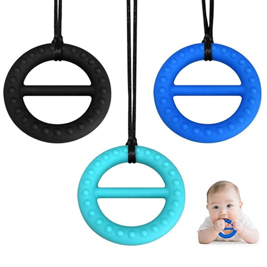 Chew Necklaces for Sensory Kids, 3 Pack Sensory Toys Silicone Chewy Necklace Sensory for Babies Toddlers, Baby Teething Toys for 0-24 Months Oral Motor Stimulation (Circle)