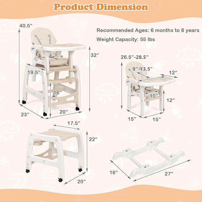 INFANS 5 in 1 Baby High Chair, Convertible Toddler Table Chair Set, Rocking Chair, Multi-Function Seat with Lockable Universal Wheels, Adjustable Seat Back, Removable Trays