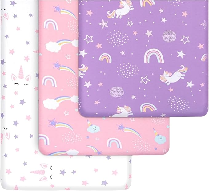 GROW WILD Unicorns & Rainbows Fitted Crib Sheets Girl (3 Pack) - Soft Jersey Cotton Fitted Sheet, Toddler Bed Mattress & Baby Crib Bedding Set for Girls, Baby Girl Nursery Crib - Pink, Purple & White