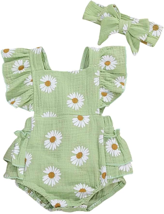 Baby Girls Floral Cotton Leotard Romper Newborn Daisy Playsuits Ruffled Sleeve Onesie Infant Jumpsuit Clothes Headband