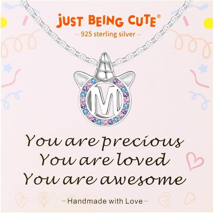 Unicorn Necklace for Girls, Initial Necklaces for Little Girls Kids Children, Hypoallergenic 925 Sterling Silver Kids Jewelry Colorful CZ Unicorn Gifts for Birthday Kindergarten Graduation Wedding