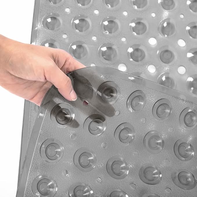 Linoows Bathtub and Shower Mats, Extra Long Non-Slip Bath Tub Mat 39 x 16 Inch, Machine Washable Bathmat with Suction Cups & Drain Holes for Bathroom Floor, Clear Grey