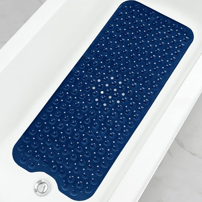 Linoows Bathtub and Shower Mats, Extra Long Non-Slip Bath Tub Mat 39 x 16 Inch, Machine Washable Bathmat with Suction Cups & Drain Holes for Bathroom Floor, Navy Blue