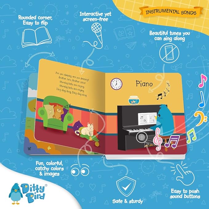 Ditty Bird Musical Books for Toddlers | Fun Instruments & Nursery Rhyme Book | Sing- Along Talking Books | Children's Interactive Toddler Books for 1 Year Old to 3 Year Olds | Sturdy Baby Sound Books