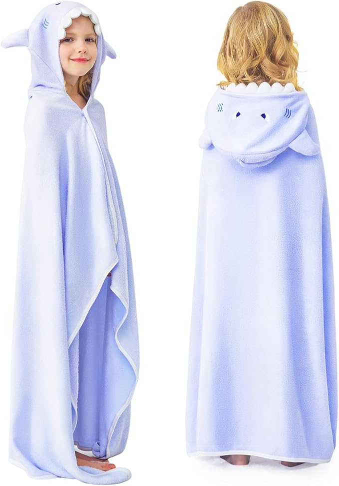 ZIONOR Hooded Bath Towel for Kids - 50''L x 35''W Extra-Large Hooded Towels for Big Kids 6-10, Kids Beach Towels Made from Bamboo Rayon, Suitable for Bath, Pool, Beach(Purple Shark)