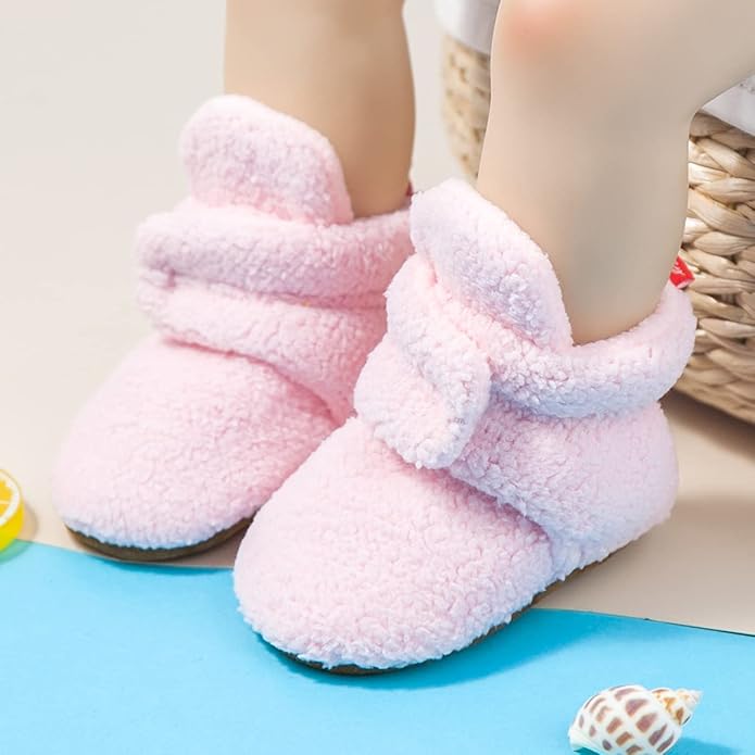 Sawimlgy Newborn Infant Baby Girl Boy Cotton Booties Stay On Sock Slippers Soft Bedroom Shoes Non-Skid Ankle Boots With Grippers Toddler Crib Warm Shoe First Walker Birthday Shower