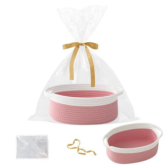 Gift Basket with Gift Bag and Ribbons,Small Rope Woven Shelf Storage,Baskets for Gifts Empty,Birthday,Shower,Decorative Organizer Box for Cat Dog Pet with Handles(White&Pink)
