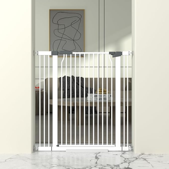 41" Extra Tall Baby Gate for Doorway, 32.6-40.5'' Metal Pet Baby Safe Gate, Extra Wide Pressure Mounted Child Door with Expansion Kit, No Drilling Cat Fence Indoor, No Climb Cat Proof Gate, White