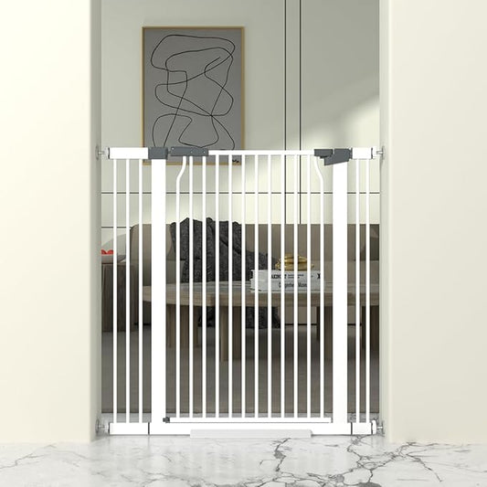 41" Extra Tall Baby Gate for Doorway, 32.6-40.5'' Metal Pet Baby Safe Gate, Extra Wide Pressure Mounted Child Door with Expansion Kit, No Drilling Cat Fence Indoor, No Climb Cat Proof Gate, White