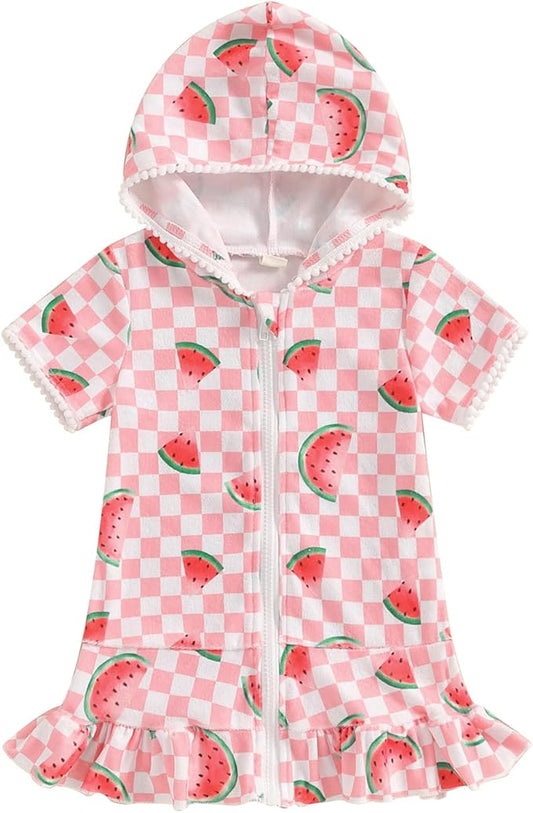 Girls Hooded Zip Terry Coverups Swimsuit Kids Baby Girl Floral Print Short Sleeve Swim Cover-Up Swimwear