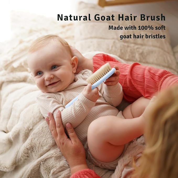 Baby Hair Brush - Ultra Soft Goat Bristles - Wooden Cradle Cap Brush for Newborns, Infants, Toddlers - Gentle Scalp Grooming and Styling for Baby Girls and Boys (Sky)
