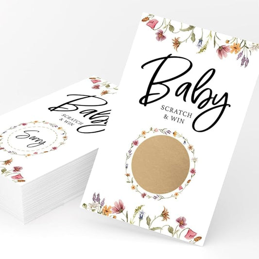 Printed Party Baby Shower Game – Floral Scratch Off Cards for Girl, Baby in Bloom Design, 30 Cards and Stickers
