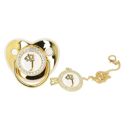 Personalized Golden Letter Baby Pacifier with Clips, Anti-Dust Cover, Letter I Design for Newborn Photography, Baby Shower