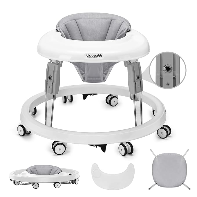 One-Touch Folding Baby Walker, Anti-Roll 8-Wheel Round Chassis, 7-Speed Height Adjustment, with Large Dinner Plate and Brake, 6-18 Months Baby Walker, Gray.