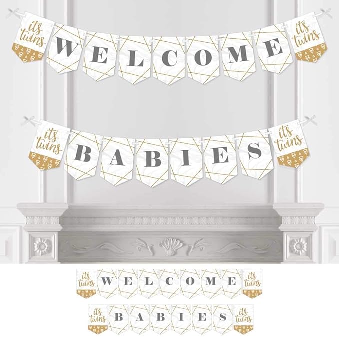 Big Dot of Happiness - It's Twins - Gold Twins Baby Shower Bunting Banner - Party Decorations - Welcome Babies