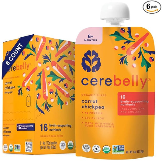 Cerebelly Baby Food Pouches – Organic Veggie Purees for Toddlers | No Added Sugar, Fiber, Non-GMO | Blended Toddler Pouches | 4 Ounce BPA-Free Pouch | Carrot Chickpea | 6 Count