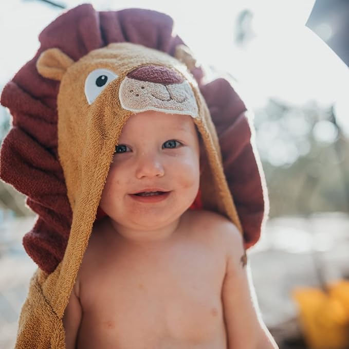 Hooded Baby Towel for Kids 2-8 | Large 100% Cotton Baby Towel for Girls or Boys | Cute Lion Bath Towels for Babies and Toddlers in Gold and Red Russet