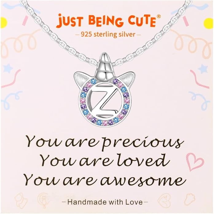 Unicorn Necklace for Girls, Initial Necklaces for Little Girls Kids Children, Hypoallergenic 925 Sterling Silver Kids Jewelry Colorful CZ Unicorn Gifts for Birthday Kindergarten Graduation Wedding