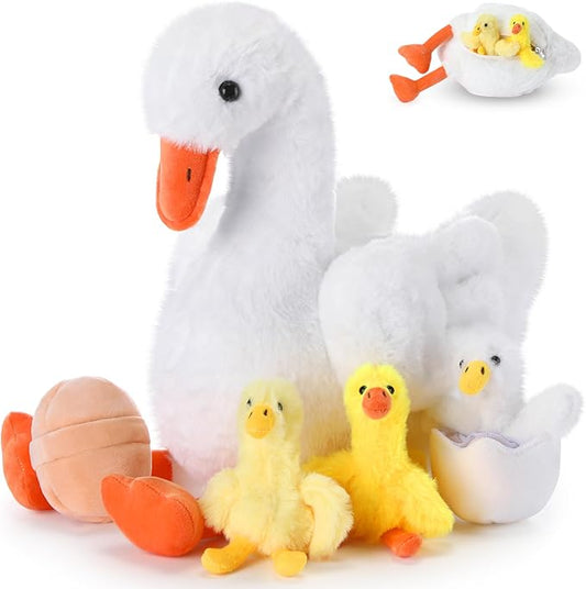 HyDren 5 Pcs Goose Stuffed Animal Family Plush Toy Gift One Silly Goose Birthday Decor Kid Kindergarten Back to School Classroom Cute 10 Inch Mommy with 3 Cute Babies in Her Belly Soft Cuddly Plushie
