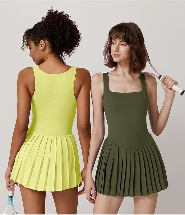 QINSEN Womens Square Neck Tennis Dress Pleated Sleeveless Built in Shorts Golf Athletic Dress with Pockets