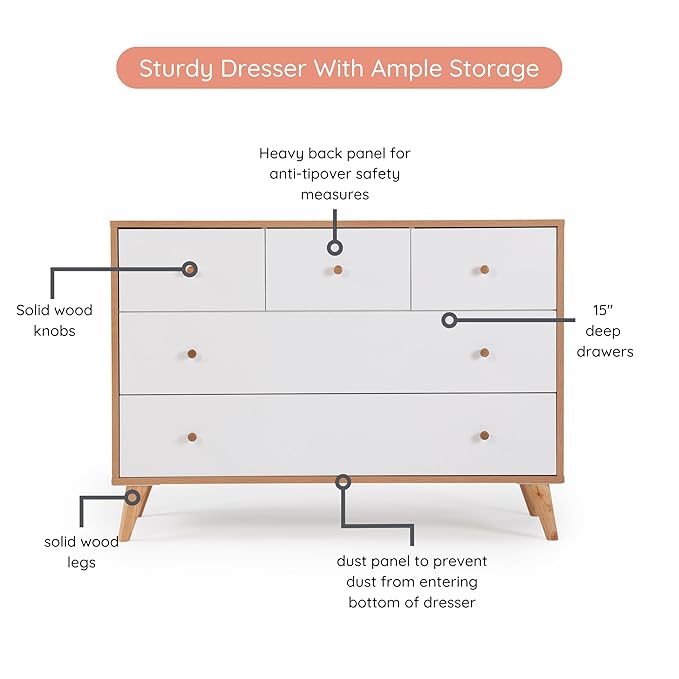 dadada Austin 5-Drawer Dresser for Nursery and Bedroom - Modern Design, Large Storage, Baby-Safe Finish, Anti-Tip Safety, Solid Wood Feet, Durable Construction (White+Red Oak)