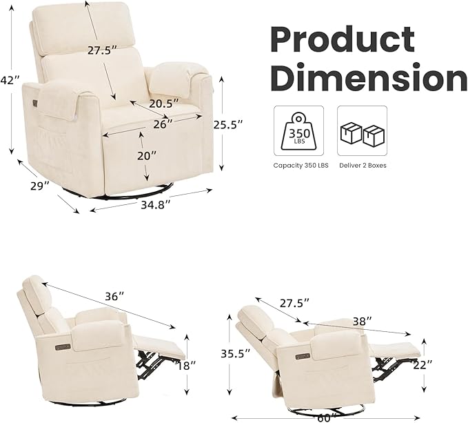 Oversized Power Recliner Chair Swivel Glider with Adjustable Headrest, Swivel Rocking Recliner Chair for Adults, 26" Extra Wide Glider Nursery Chair with Overstuffed Armrest, USB Ports, Cream