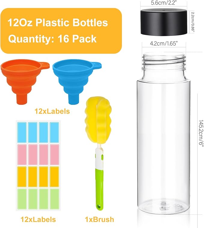 16 Pcs Clear Plastic Bottles 12 Oz Empty Sensory Bottles with Caps, Reusable Juice Bottle Drink Container Water Bottle for Making Classroom Sensory Bottles Tubes Toys (Black Lid, 12 oz/ 350 ml)