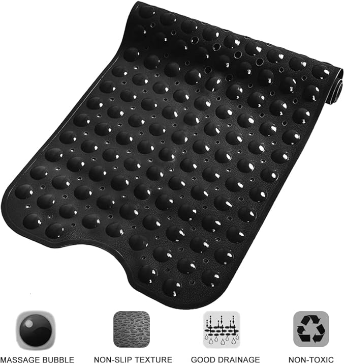 Linoows Bathtub and Shower Mats, Extra Long Non-Slip Bath Mat 39 x 16 Inch, Machine Washable Bath Tub Mat with Suction Cups & Drain Holes for Bathroom, Black