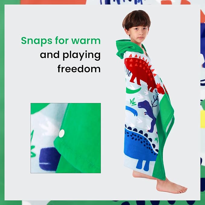 BANGSAUR Kids Hooded Beach Bath Towels, 100% Cotton 50"x30" Wrap Blanket, Toddlers Boys 3-12 Years Coverup Towel Dinosaurs