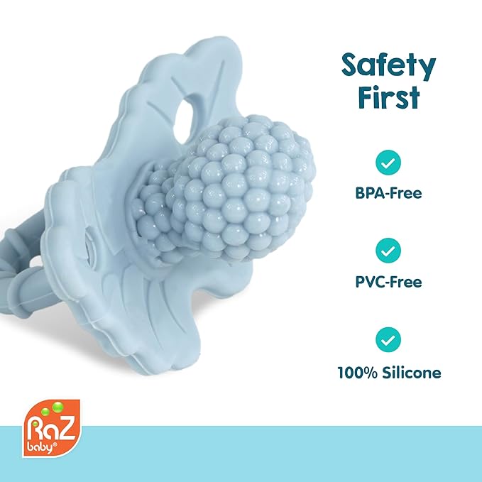 RaZbaby Monkey RaZbuddy w/RaZberry Teething Relief Pacifier – Soothes Sore Gums w/Nature-Inspired Texture, 100% BPA-Free Silicone Teether, Detachable Stuffed Animal – 3 Months+ Teether, Green