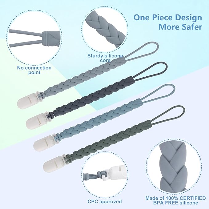 Stylish Silicone Pacifier Clips 4-Pack for Baby Boys and Girls, Woven Rope Flexible Design, Rust-Free Holders for Teething Relief and Baby Essentials, Safe for Newborns (Grey)