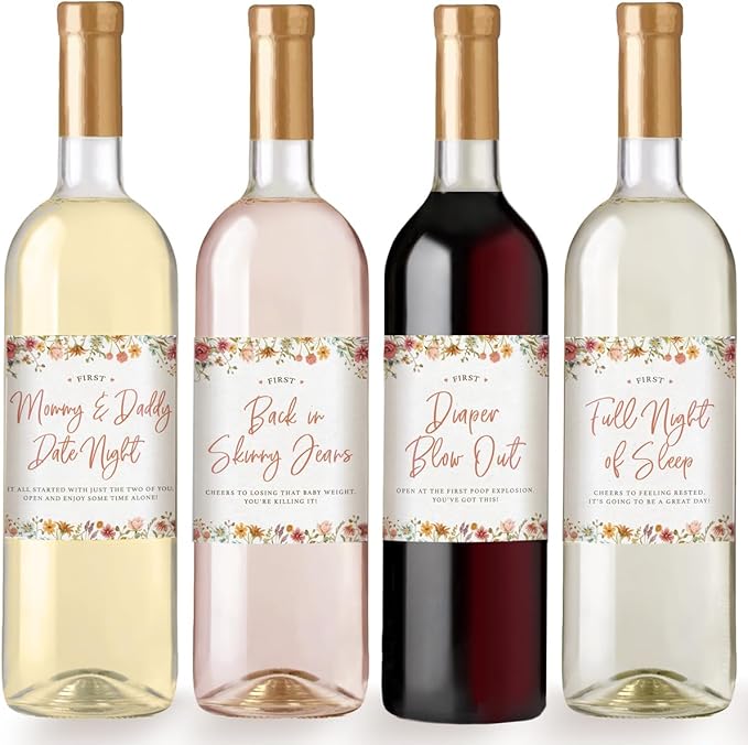Printed Party Baby Shower Wine Label Gift Set - Mommy's First Milestones, Wine Bottle Labels for Expecting Mother to Be, Baby in Bloom Wildflower Theme (Set of 6)