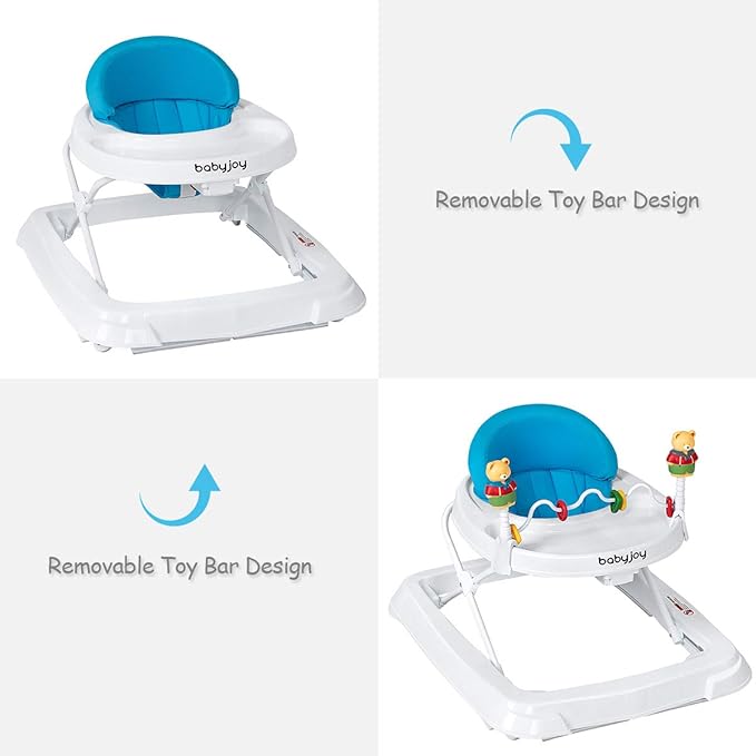 BABY JOY Baby Walker, Foldable Activity Walker with Adjustable Height, Large Tray & Removable Toys, Baby Walker with Wheels for Boys Girls 6-18 Months (Blue)