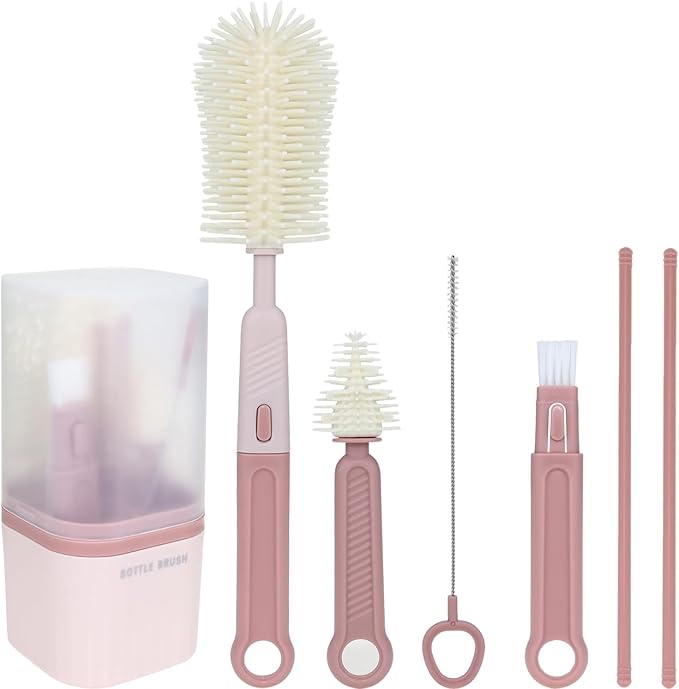 Silicone Baby Bottle Brush Set, Includes Baby Bottle Brush, Nipple Brush, Straw Brush, Spout Brush, Drying Rack and Storage Box, Portable and Travel-Friendly (Round - Pink)