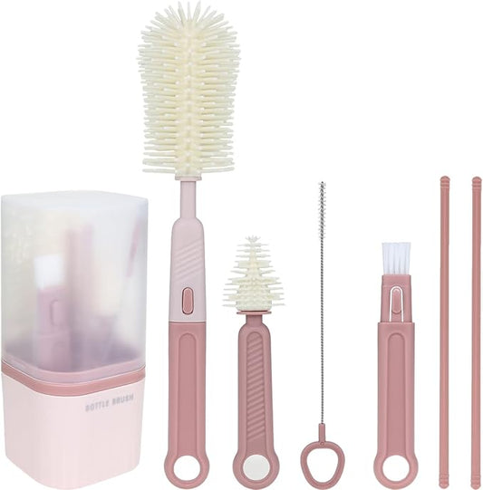 Silicone Baby Bottle Brush Set, Includes Baby Bottle Brush, Nipple Brush, Straw Brush, Spout Brush, Drying Rack and Storage Box, Portable and Travel-Friendly (Round - Pink)