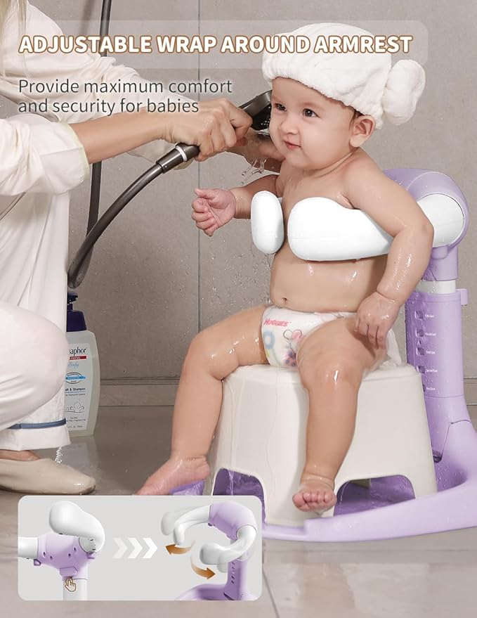 Baby Shower Stand, Baby Bath Support, Shower Standing Support with Adjustable Height and Armrest, Bath Stand with Anti-Skip and Shower Head Holder, Bath Essentials for Infants