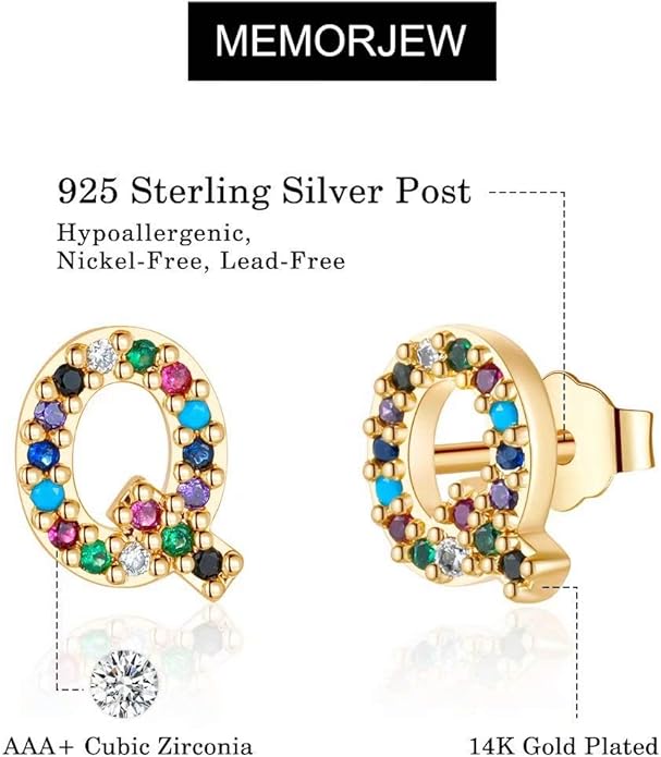 Memorjew Initial Stud Earrings for Women, Hypoallergenic 925 Sterling Silver Post Rainbow Cubic Zirconia Gold Plated 26 Initial Earrings for Women Jewelry Gifts
