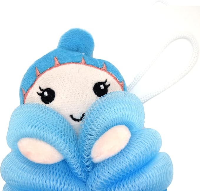 Cute Unicorn Kids Bath Loofahs Balls for Baby Girls Boys Mesh Shower Ball Pouf Exfoliating Bath Sponge Body Cleaner Bath Accessories (Blue Mermaid)