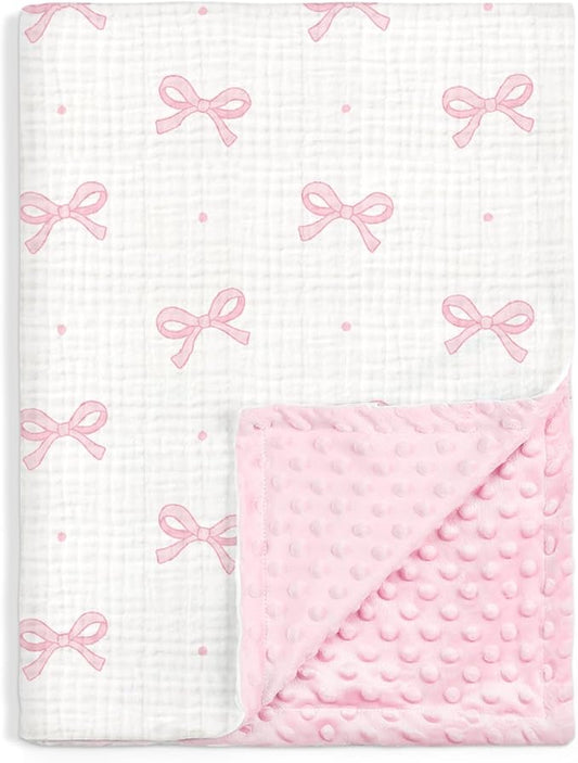 Bow Baby Blankets for Girls, Soft Nursery Minky Blankets with Muslin and Dotted Fleece Back 30x40 inches, Receiving Bed Quilt for Newborn, Infants, Toddlers